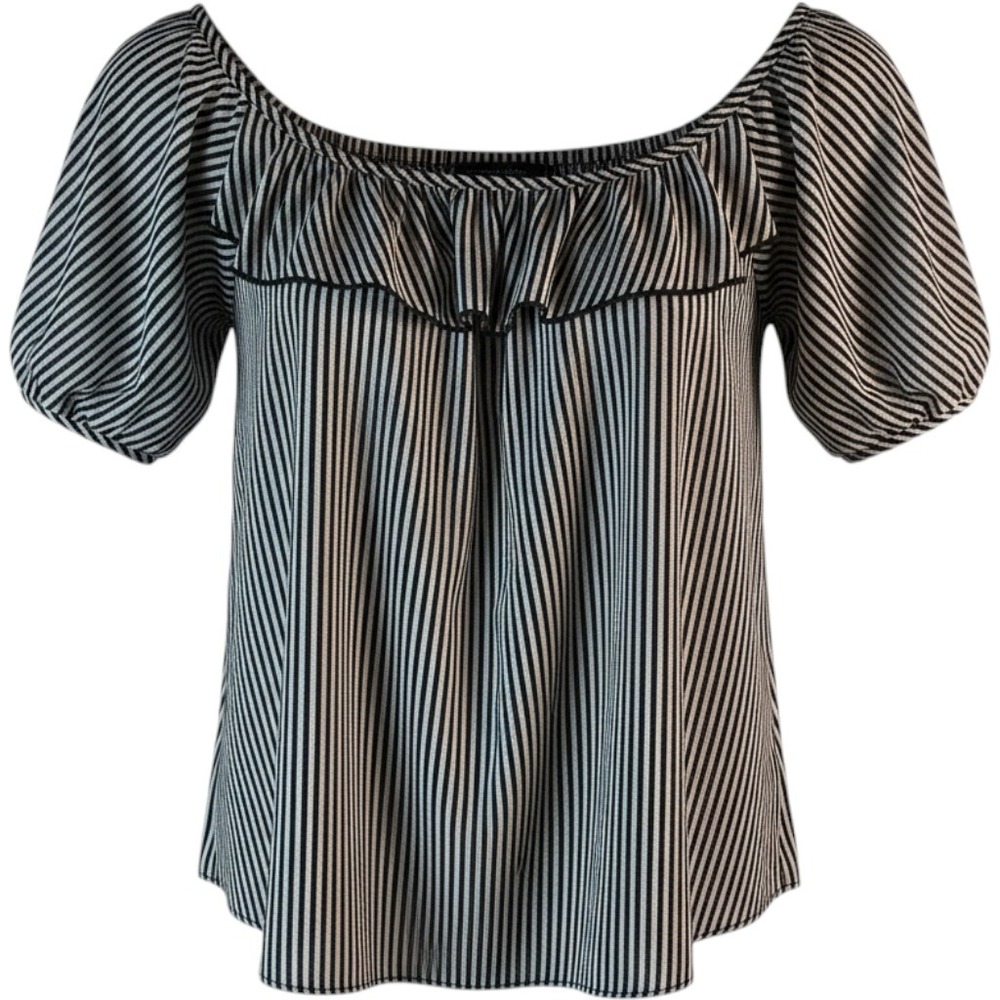 Lilian Cold Shoulder Top Womens 1X Black White Striped Ruffle Puff Sleeve Blouse